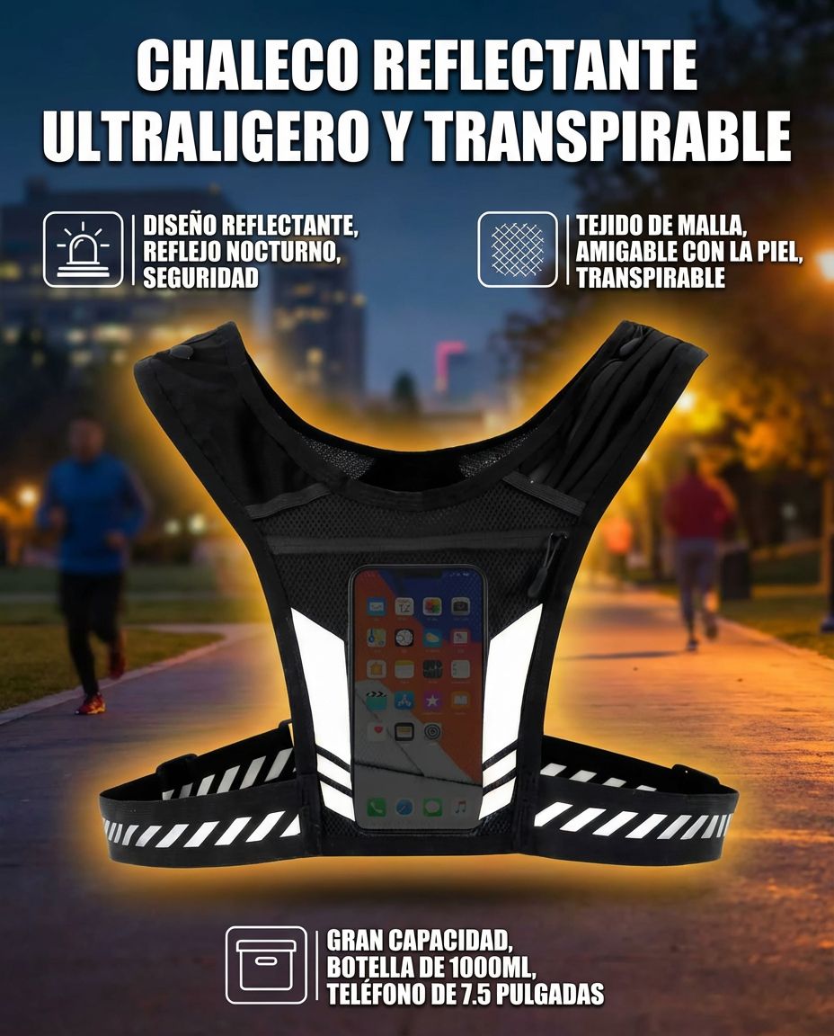 Chaleco Deportivo Porta Celular, Porta Botella y Cintas Reflectantes