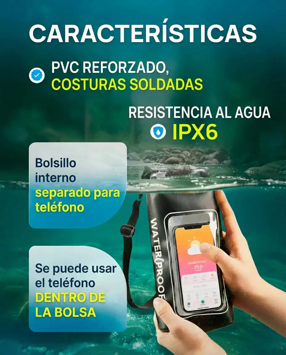 Bolsa Impermeable Táctil IP68 2 Litros - Protege tu Celular y Objetos en el Agua.