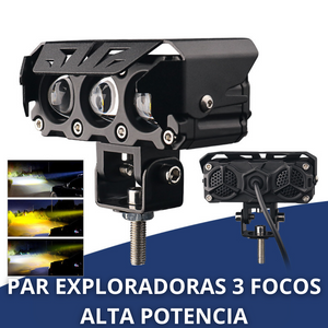 PAR EXPLORADORAS 3 FOCOS ALTA POTENCIA BICOLOR PARA MOTO