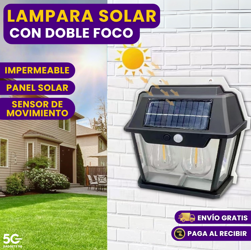 FAROL SOLAR DOBLE FOCO CON SENSOR DE MOVIMIENTO PARA INTERIORES Y EXTERIORES